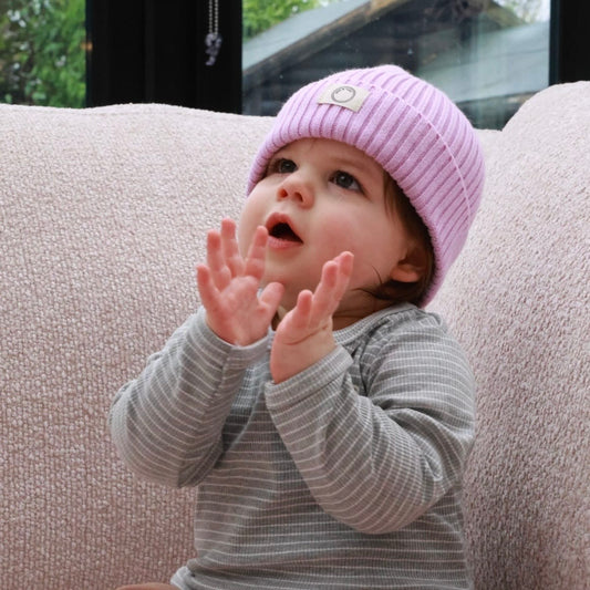 The stripe ribbed cotton set (grey) & beanie (lilac)